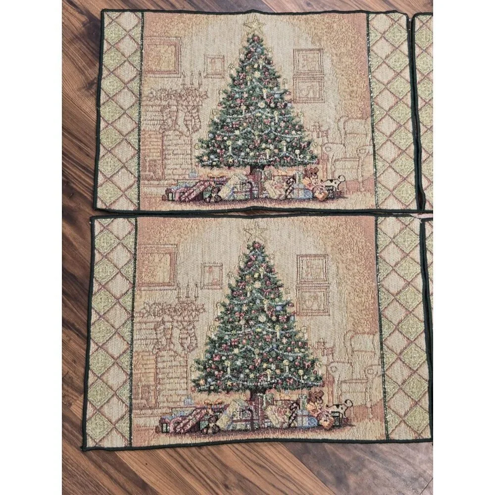 Vtg Christmas Tree Scene Woven Tapestry Placemat Presents Fireplace 11.5x18